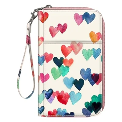 Image of FINTIE Passport Holder Travel Wallet for Family, RFID Blocking Document Organizer Clutch Bag Passports, Business Cards, Credit Boarding Passes, Raining Heart