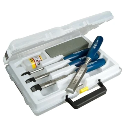 Image of STANLEY 4 Piece Chisel Set Includes 6 12 18 25 mm High Carbon Steel Blade Chisels with Sharpening Stone and Oil 0 16 130 Multicolor