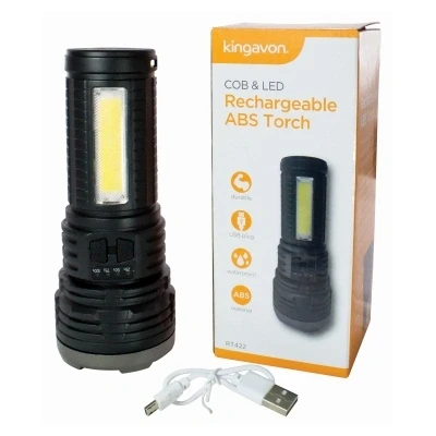 Image of Black 2W + 1W COB Rechargeable Plastic Torch with Work Light By Kingavon