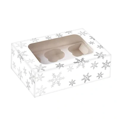 Image of Anniversary House Christmas Cupcake Box with Window and Removable 6 Hole Insert, Silver Snowflake Foil Print, Easy Assembly, 7.5 x 16 23 CM, J188,White &amp;