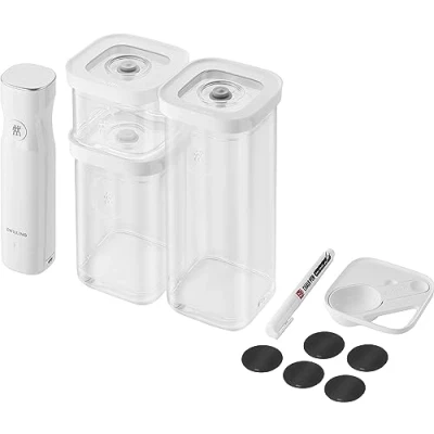 Image of Zwilling FRESH &amp; SAVE CUBE vacuum starter set, size S, 6 piece storage set incl. 3x boxes pump, measuring spoon, NFC labels, Transparent white