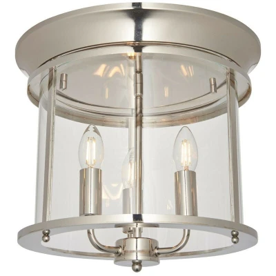 Image of Hampworth Round Ceiling 3 Candle Lantern Bright Nickel, Clear Glass Shade