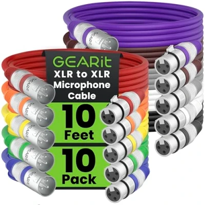 Image of GearIT XLR to Microphone Cable (10 Feet, 10 Pack) Male Female Mic 3 Pin Balanced Shielded for Mixer, Recording Studio, Podcast Multi Colored, 10Ft, Pack