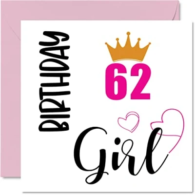 Image of 62nd Birthday Card for Women Girl Happy Cards 62 Year Old Woman Grandma Nanny Step Mum Auntie Sister, 145mm x Sixty Two Second Bday Greeting Gift