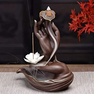 Image of XUDREZ Gold Ceramic Edge Lotus Backflow Incense Burner with 20pcs Cone, Home Cone Holder