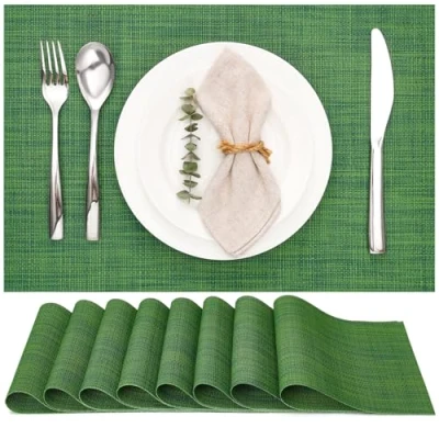 Image of Myir JUN Table Mats Set of 8, Place Placemats Washable Non slip Heat Insulation Woven Vinyl for Kitchen Dinning Restaurant 18&quot;X12&quot; (Dark Green)