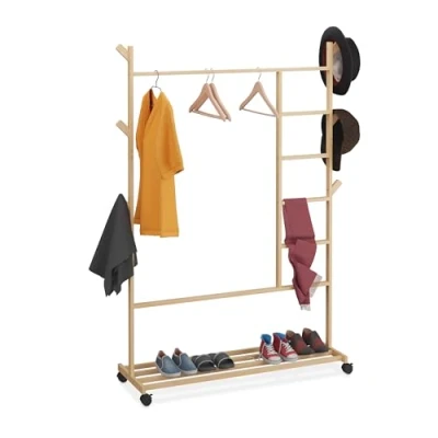 Image of Bamboo Clothes Rack, Rollable Rail, 6 Hooks, with Shoe Shelf, hwd: 154 x 114 33 cm, Mobile Wardrobe, Natural Relaxdays
