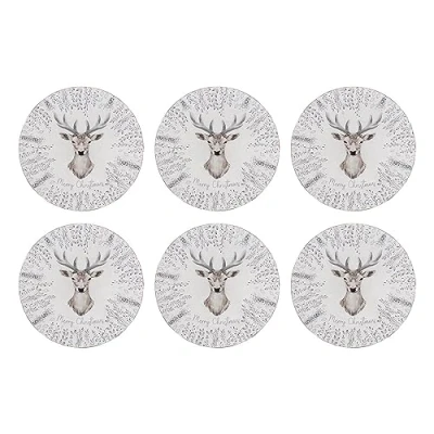 Image of YöL Set Of 6 Christmas Charger Plates White And Grey Stag Design Xmas Lunch Dinner Table Decoration Reusable