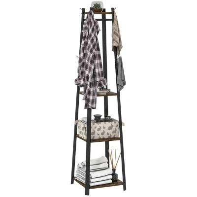 Image of HOMCOM Coat Rack with Storage, Freestanding Stand 8 Hooks and 3 Tier Shelf, Clothes for Bedroom, Entryway, Rustic Brown Black