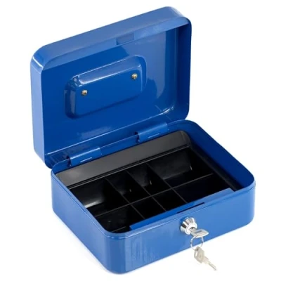 Image of GEEZY Metal Cash Box Lockable with Two Keys and Removable Coin Tray Strong Tin Secure Money Valuables Petty Notes Checks Safe Storage Ideal for Home Office Schools Blue 8 Inch