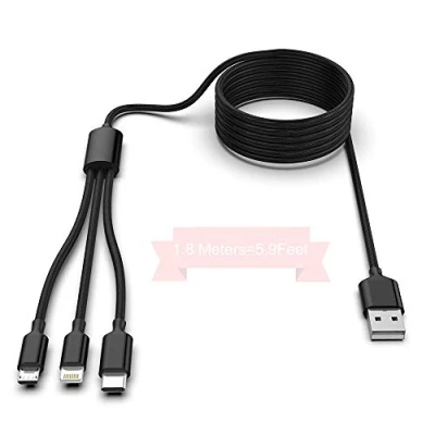 Image of Multi 3 in 1 USB Long iPhone Charging Cable, 1.8M/5.9Ft Nylon Braided Universal Phone Charger Cord C/Micro USB/Lightning Connector Adapter for Android/Apple/Samsung/LG/Pixel/Huawei/XiaoMi(Black)