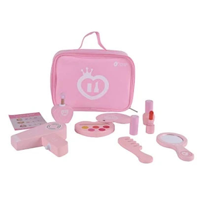 Image of Classic World Wooden Pretend Play/ Role Play Mini Make Up Set, Includes Eye Shadow, Lipstick, Perfume, Nail Polish, Comb, Mirror, Hair Dryer and Vanity Case, 12 Pieces Pink