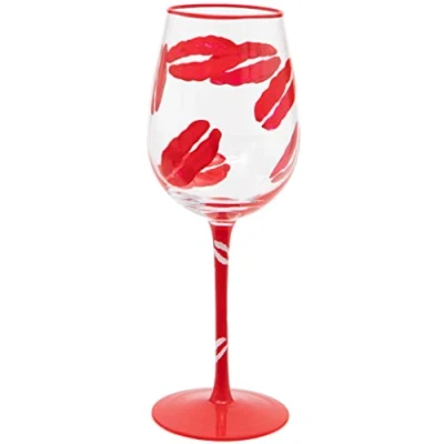Image of Maturi Hand Painted Lipstick Kiss Wine Glass, 400ml, Red, Gift Boxed