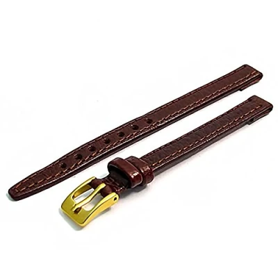 Image of Ladies Open Ended Watch Band Strap for vintage watches. Genuine Leather 8mm Brown with Gilt (Gold Colour) buckle