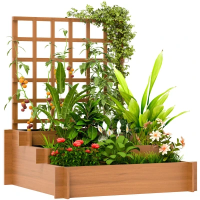 Image of Outsunny 3 Tier Planters with Trellis for Vine Climbing, Wooden Raised Beds Garden Patio, Outdoor Planter Box Vegetables, Flowers, Herbs, Brown