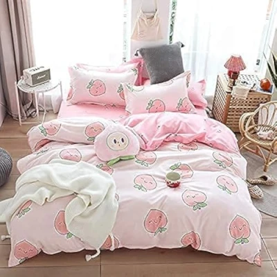 Image of Cartoon Duvet Cover Set Pink Peach Kid Kawaii Bedding Girl Lovely Comforter Cute Fruits Quilt Tropical Plant Reversible Soft &amp; Linen King Size
