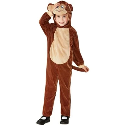 Image of Smiffys Toddler Monkey Costume, Brown with Hooded Jumpsuit, Children&#039;s Animal Fancy Dress, Dress Up Costumes