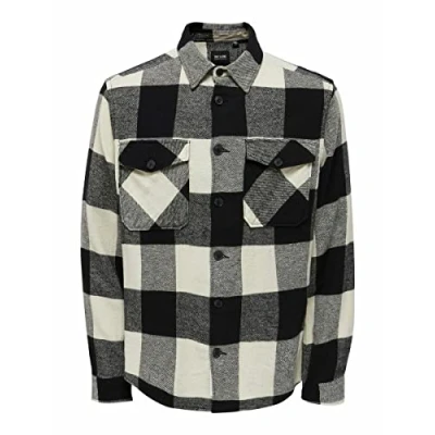 Image of ONLY &amp; SONS Men&#039;s ONSMILO Life LS Check Overshirt NOOS Shirt, Black, XL