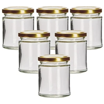 Image of 190ml Round Glass Food Jar With Gold Twist Off Lid Pack Of 6