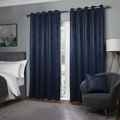 Image of Emma Barclay Ambiance Thermal Blackout Eyelet Curtains 3D Embossed With Reflective Reverse Weave in Navy Width 66 x Drop 54&quot; (168 137cm)