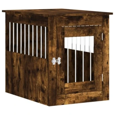 Image of vidaXL Dog Crate Furniture in Smoked Oak Engineered Wood Versatile Kennel Cage, Airy Design, Lockable Door Integrated into End Table Against Moisture