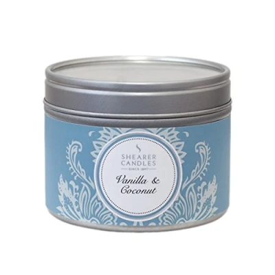 Image of Shearer Candles Vanilla and Coconut Small Scented Silver Tin Candle White