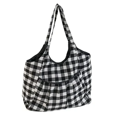 Image of Hobby Gift Shoulder Tote Craft Bag with Pocket, Monochrome Gingham