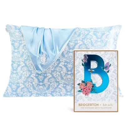 Image of Bridgerton x Kitsch Satin Pillowcase with Zipper Closure, Softer Than Pure Silk Pillow Cases Queen, 19x26in Silky Smooth Covers for Hair, Cooling Standard Size, Toile de Blue, 1 Pc