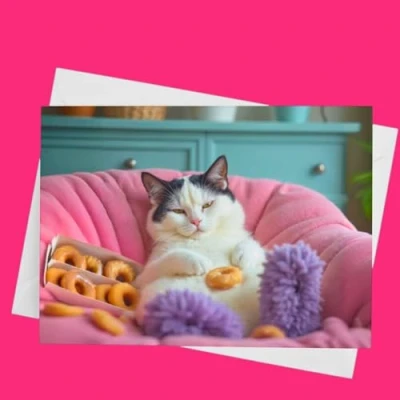 Image of DONUTS Black &amp; White Cat Funny Birthday Card Greeting Humorous FF8939