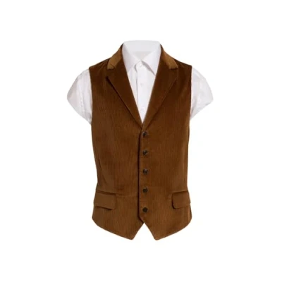 Image of Dobell Mens Mid Brown Corduroy Waistcoat Regular Fit 100% Cotton Notch Lapel L (42 44in)