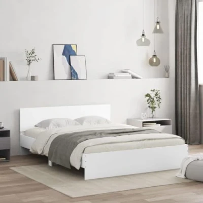 Image of vidaXL White Engineered Wood Bed Frame King Size 150x200 cm with Headboard and Sturdy Plywood Slats for Bedroom Comfort