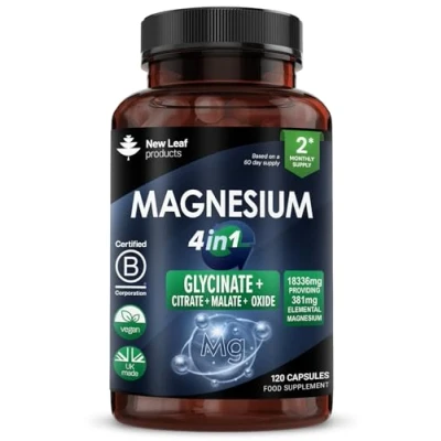 Image of Magnesium Glycinate 4 in 1 Complex 2000mg 449mg Elemental High Strength Supplements Bisglycinate,Citrate, Malate, Oxide 120 Capsules Vegan UK Made by New Leaf