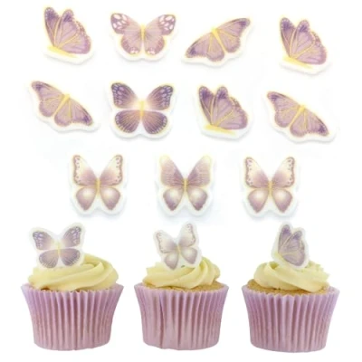 Image of Culpitt Lilac &amp; Gold Butterflies 32 Edible Cupcake Toppers Sugar Decorations, Printed Fondant Paste Cake Decorations Pack