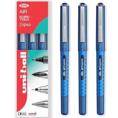 Image of uni ball EYE UB 157D Liquid Ink Rollerball Pens 0.7mm Nib In Gift Box (Pack of 3, Blue)