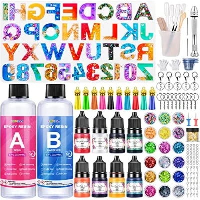 Image of ZOPALY Epoxy Resin Kits for Beginners, 192 Pcs Letter Number Moulds Silicone Keyring Making Kit, with 400ml Clear Resin, Accessories/Pigment/Glitter Sequin/Gold Leaf/Keychain Tassels