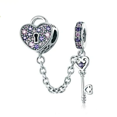 Image of ZiNuo Charm Beads Love Heart Safety Chain 925 Sterling Silver Clip Lock Stopper for Pandora Bracelet DIY Jewelry (Heart and Key Chain)