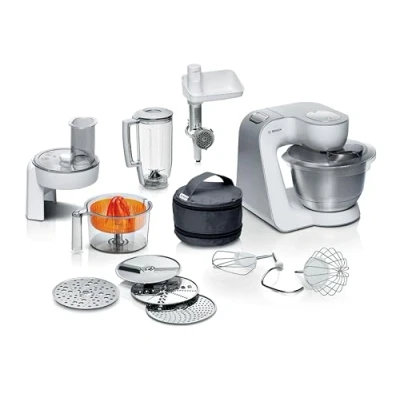 Image of Bosch CreationLine 7 in 1 Stand Mixer MUM58259 with 11 accessories, Speeds, dough hook, whisk, beater, blender, juicer, mincer, shredder, 1000W, AMAZON EXCLUSIVE White/Silver