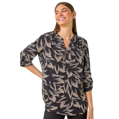 Image of Roman Originals Shirt for Women UK Ladies Top Collarless Blouse Stretchy Tunic Smart Casual Autumn Winter Jersey 3/4 Length Sleeve Notch V Neck Flattering Office Work Beige Black Size 10
