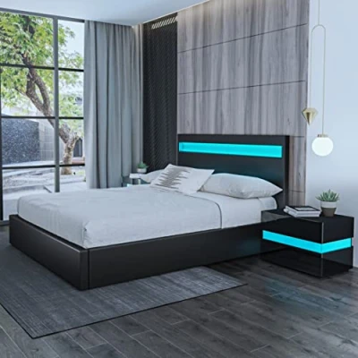 Image of Ottoman Bed, 5ft King Bed Gas Lift Storage with LED Lights Faux Leather Upholstered Frame Bedroom Furniture Black