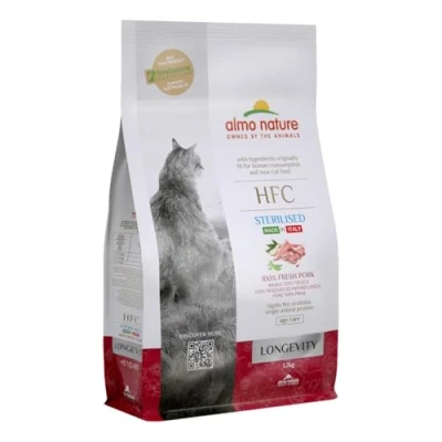 Image of almo nature HFC Longevity Sterilized Pork Complete Dry Cat food for Senior Neuteured Cats with 100% Fresh 1,2 Kg Bag