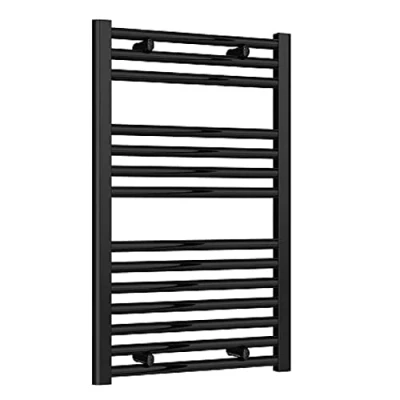 Image of Reina Straight Heated Towel Warmer, Modern Radiator Wall Mounted, Flat Heating Ladder, Bathroom Accessories, Rail with Fixtures, 800mm x 600mm (Black)