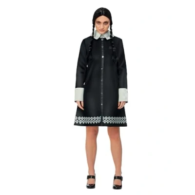 Image of Smiffys The Addams Family Wednesday Adult Costume, Elegant Black Dress with Skull Pattern and Wig, Officially Licensed Ideal for Halloween Group Costumes Parties