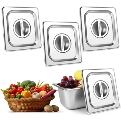 Image of 3PCS Stainless Steel 1/6 Gastronorm Pan Lid with Centre Handle,Silver, Compatible all sized Trays