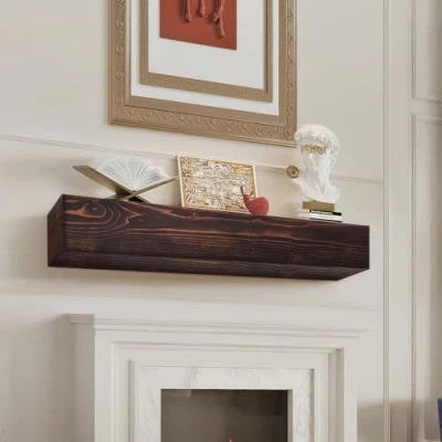Image of VEVOR Fireplace Mantel, 48&quot; x 8&quot; 5&quot;, 50 lbs Weight Capacity, Natural Wood Mantel for Over Fireplace, Wall Mounted Floating Farmhouse Shelf, Handcrafted Decor, Rustic Brown