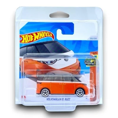 Image of Hot Wheels Volkswagen ID. Buzz (Orange, Black &amp; White) 2/5 HW Vans 2024 202/250 (Short Card) includes a KLAS Car Keeper Protector Case HTB94