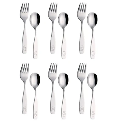 Image of Exzact Children&#039;s Cutlery 12pcs Stainless Steel Toddler Utensils Kids Cutlery, Dishwasher Safe, 24M+, Dog &amp; Bunny Engraved