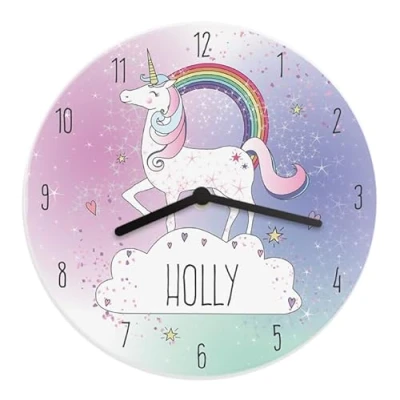 Image of CalEli Gifts Personalised Unicorn Clock. Children&#039;s Wooden Wall Nursery Decor. Ideal Kids Birthday