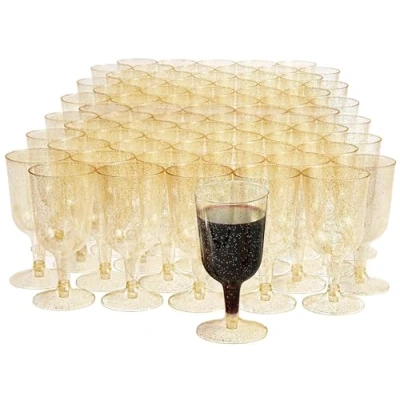 Image of MATANA 100 Premium Plastic Wine Glasses with Gold Glitter (180ml) Hard Glass, Reusable Cups for Cocktails, Dessert Large Parties, Weddings, Birthdays, Christmas, BBQ