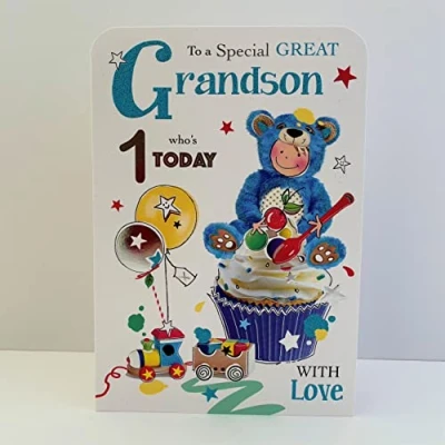 Image of Jonny Javelin Great Grandson Who&#039;s 1 Today Age Birthday Card Bear Outfit Cupcake
