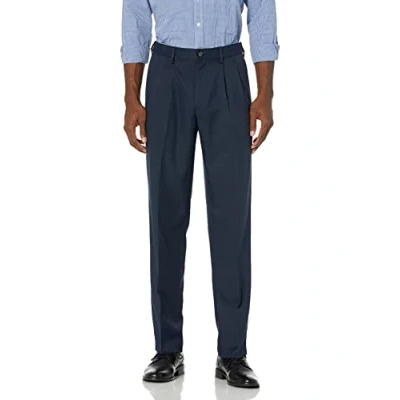 Image of Amazon Essentials Men&#039;s Classic Fit Expandable Waist Pleated Dress Trousers, Navy, 33W / 29L